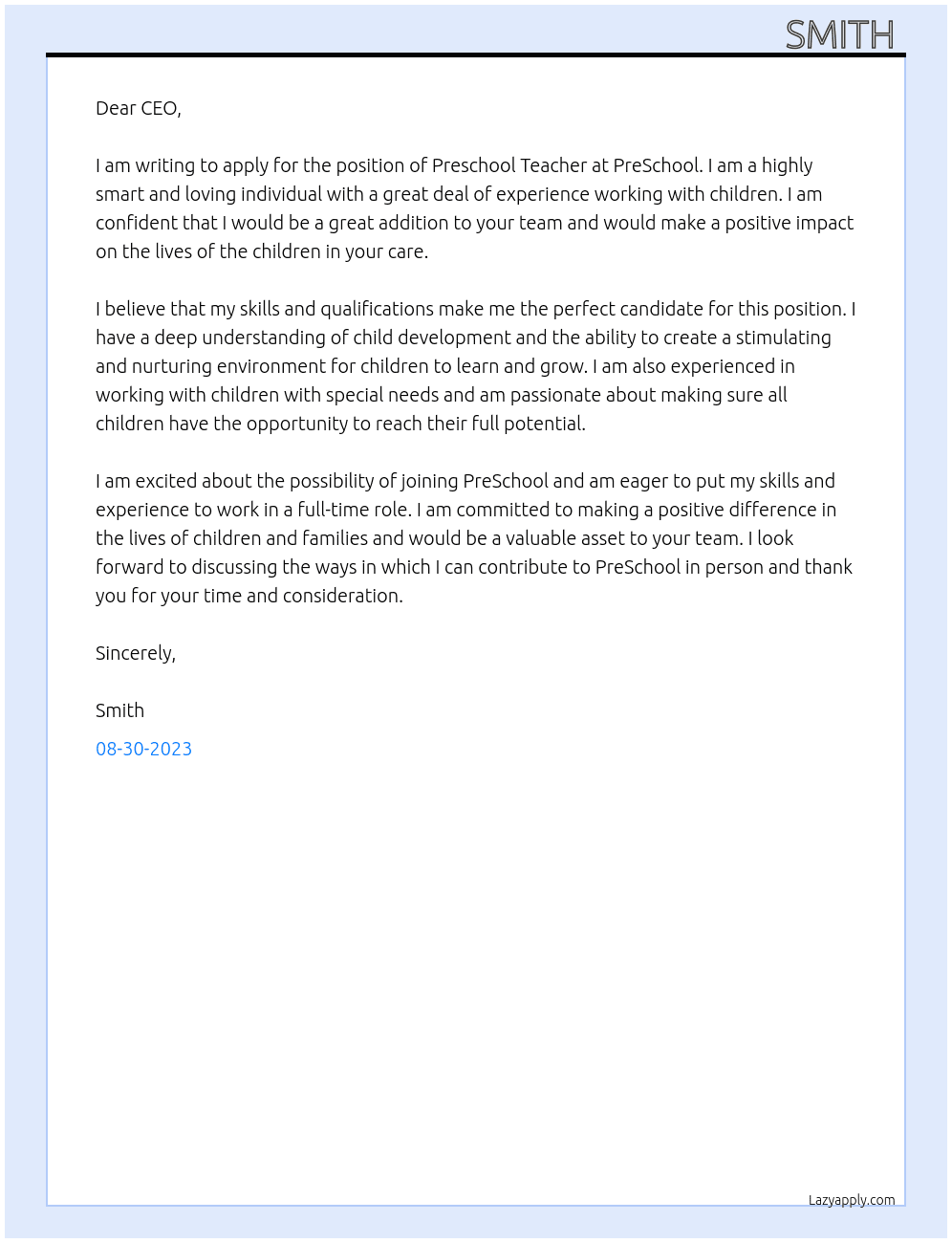 Preschool Teacher  At PreSchool  Cover Letter