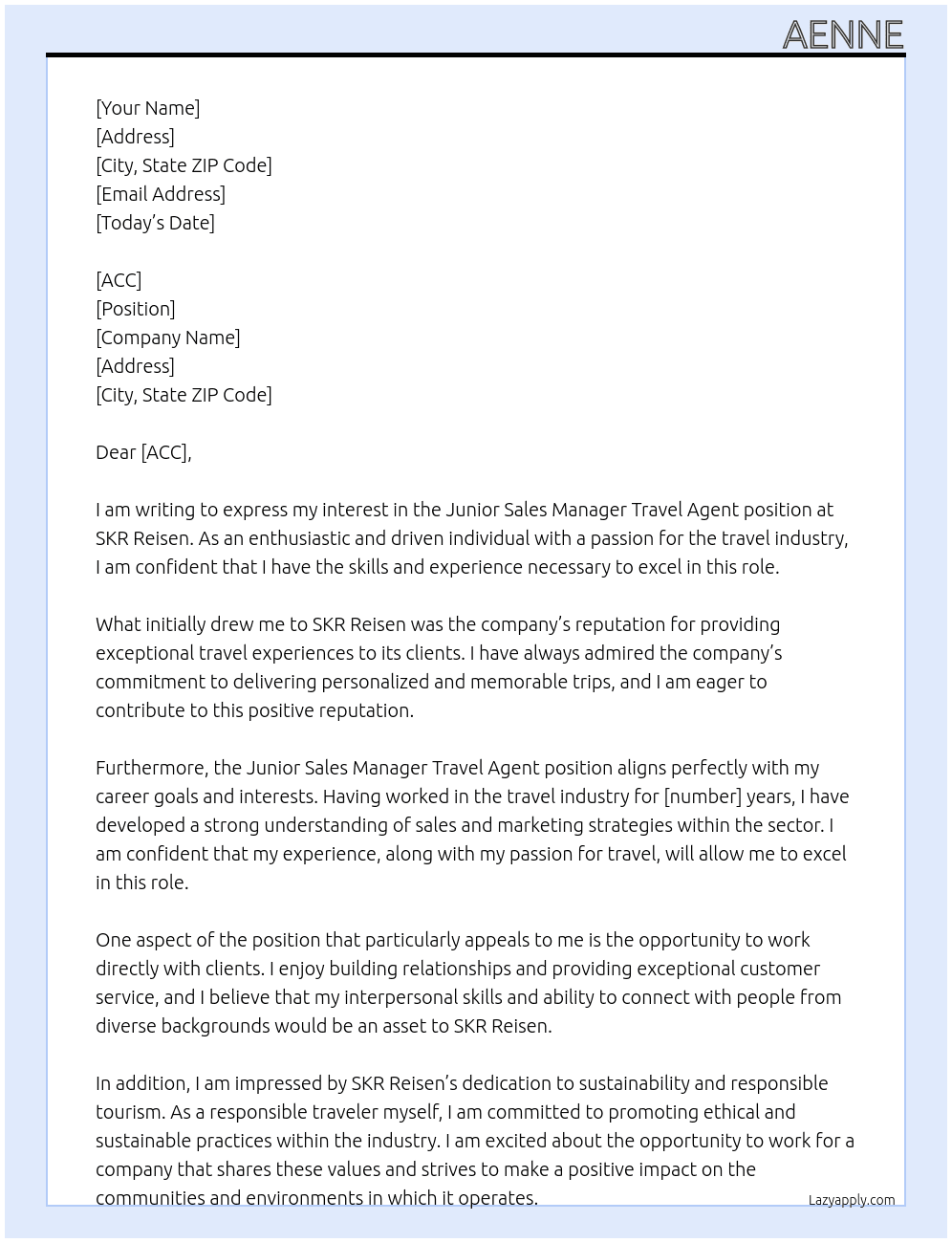 Junior Sales Manager Travel Agent At SKR Reisen Cover Letter