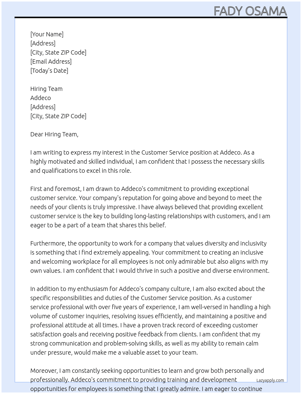 Customer Service At addeco Cover Letter
