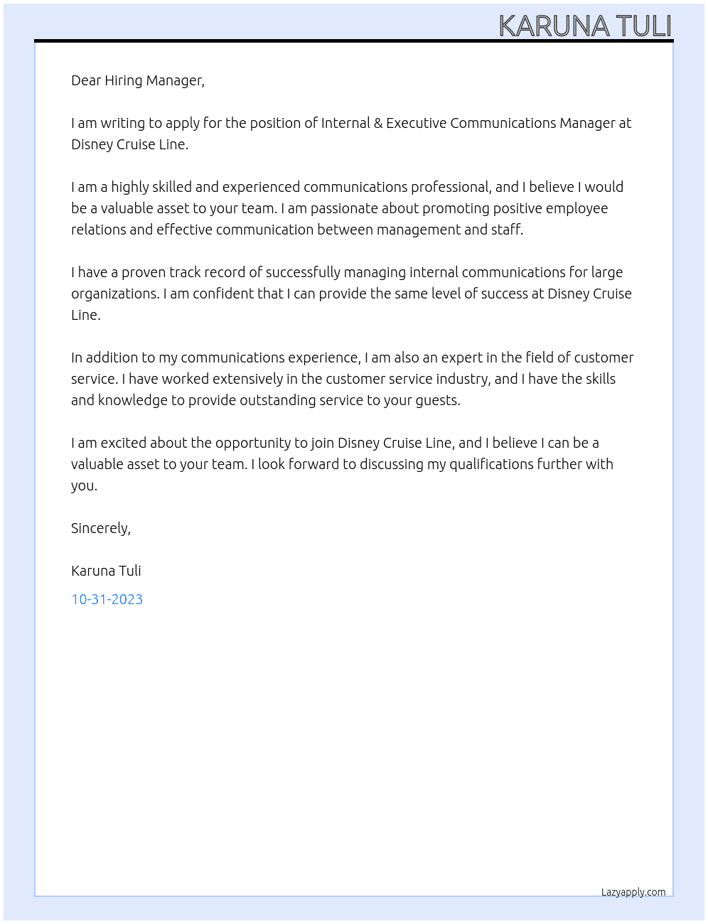 Internal & Executive Communications Manager At Disney Cruise Line Cover Letter
