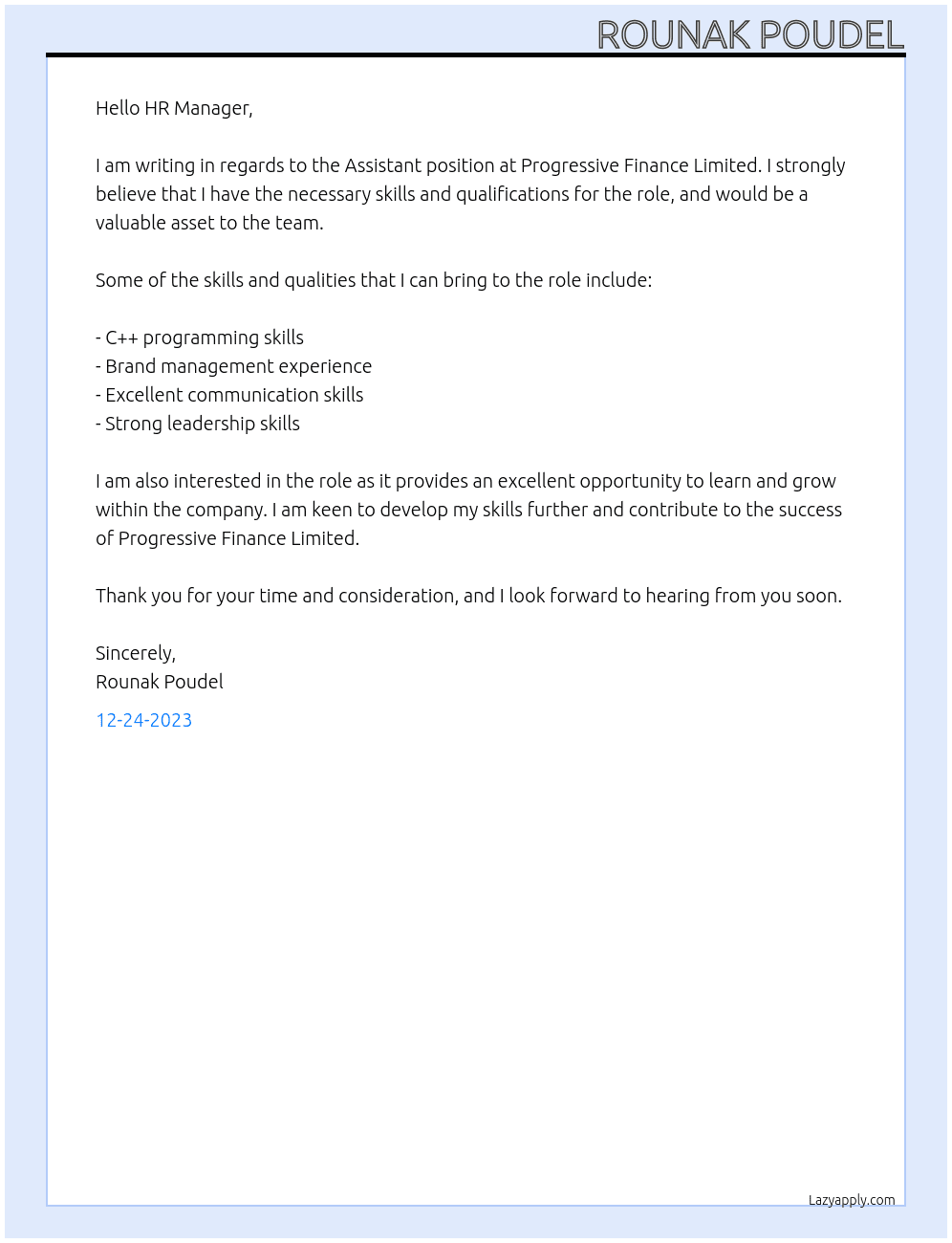Assistant  At Progressive Finance Limited Cover Letter