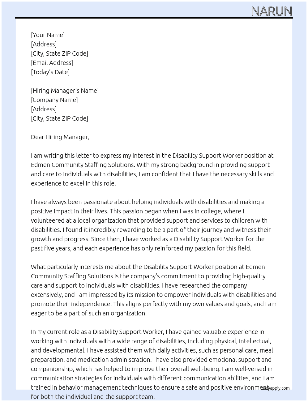 Disability Support Worker  At Edmen Community Staffing Solutions Cover Letter