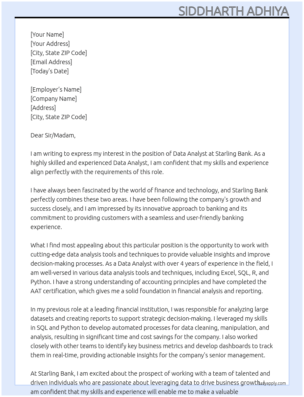 Data Analyst At Starling Bank Cover Letter