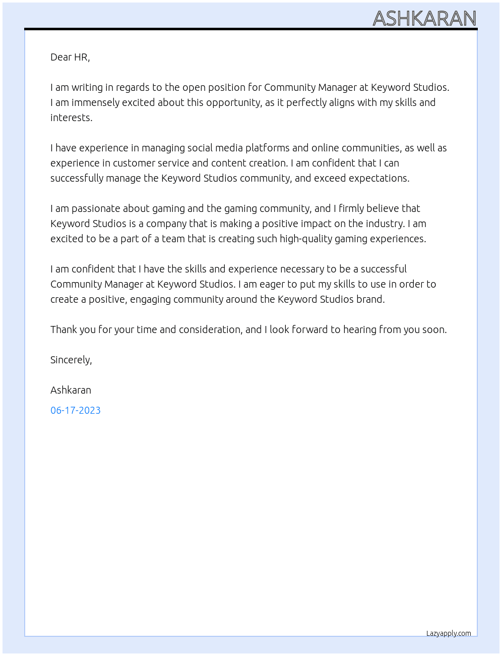 Community manager At Keyword Studios Cover Letter