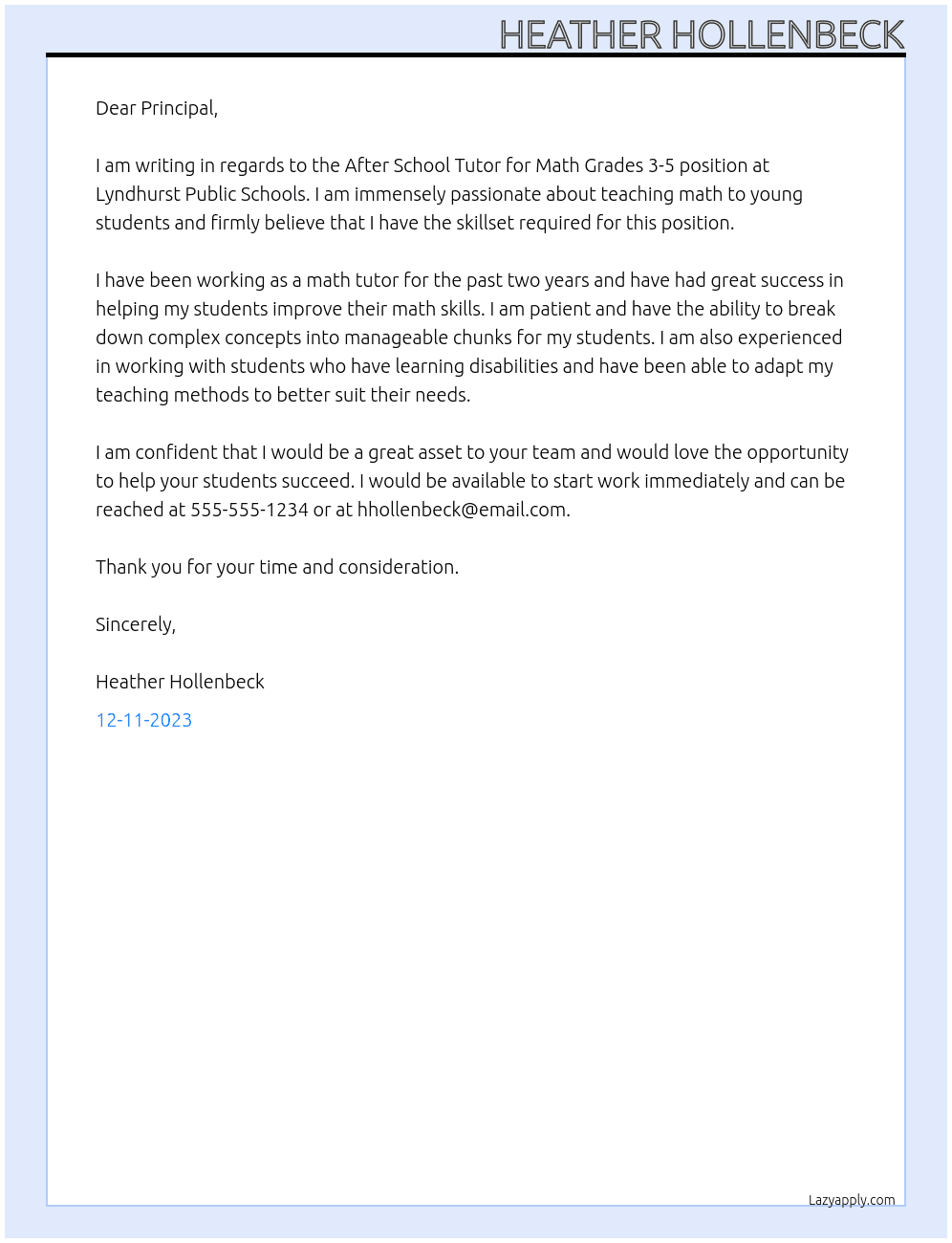 After School Tutor for Math Grades 3-5  At Lyndhurst Public Schools Cover Letter