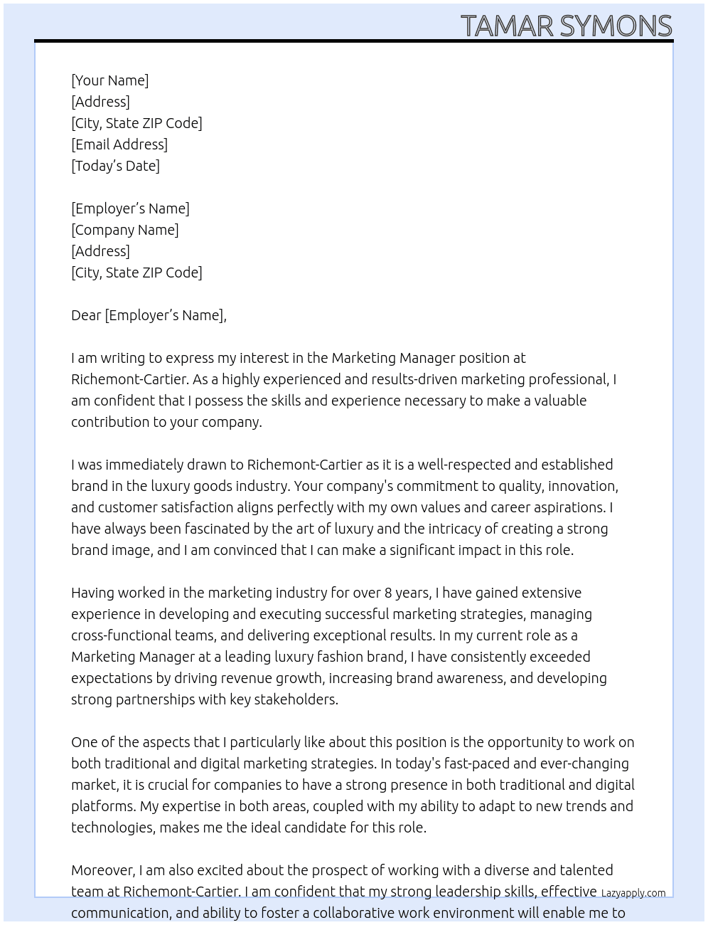 Marketing Manager At Richemont-Cartier Cover Letter