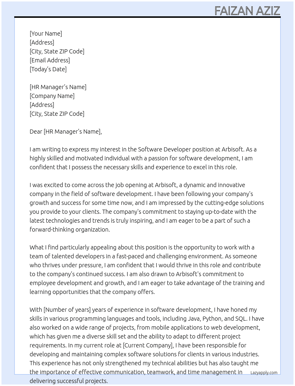 Software Developer At Arbisoft Cover Letter