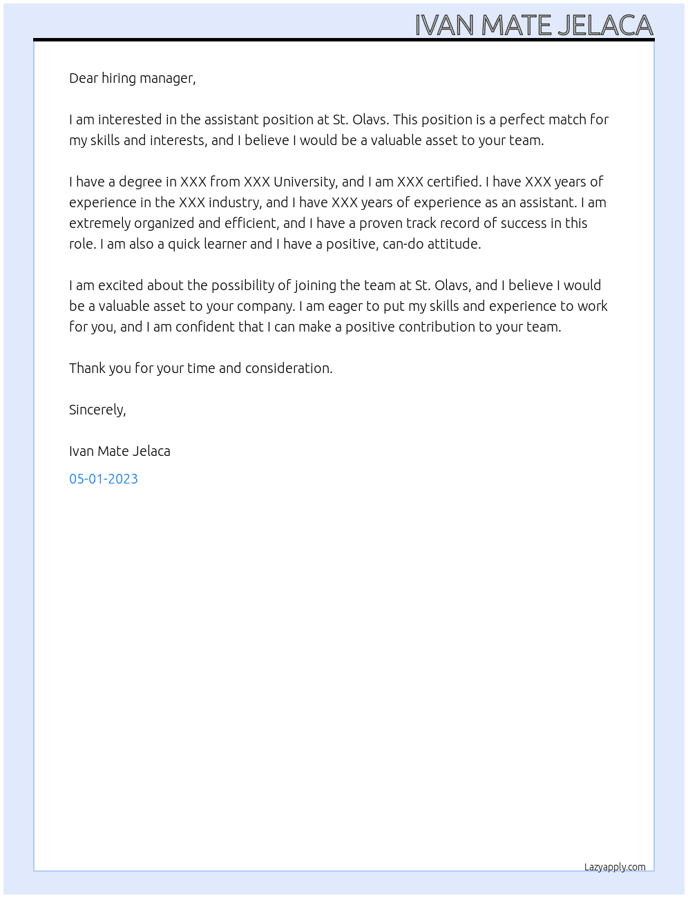Assistent At St. Olavs Cover Letter