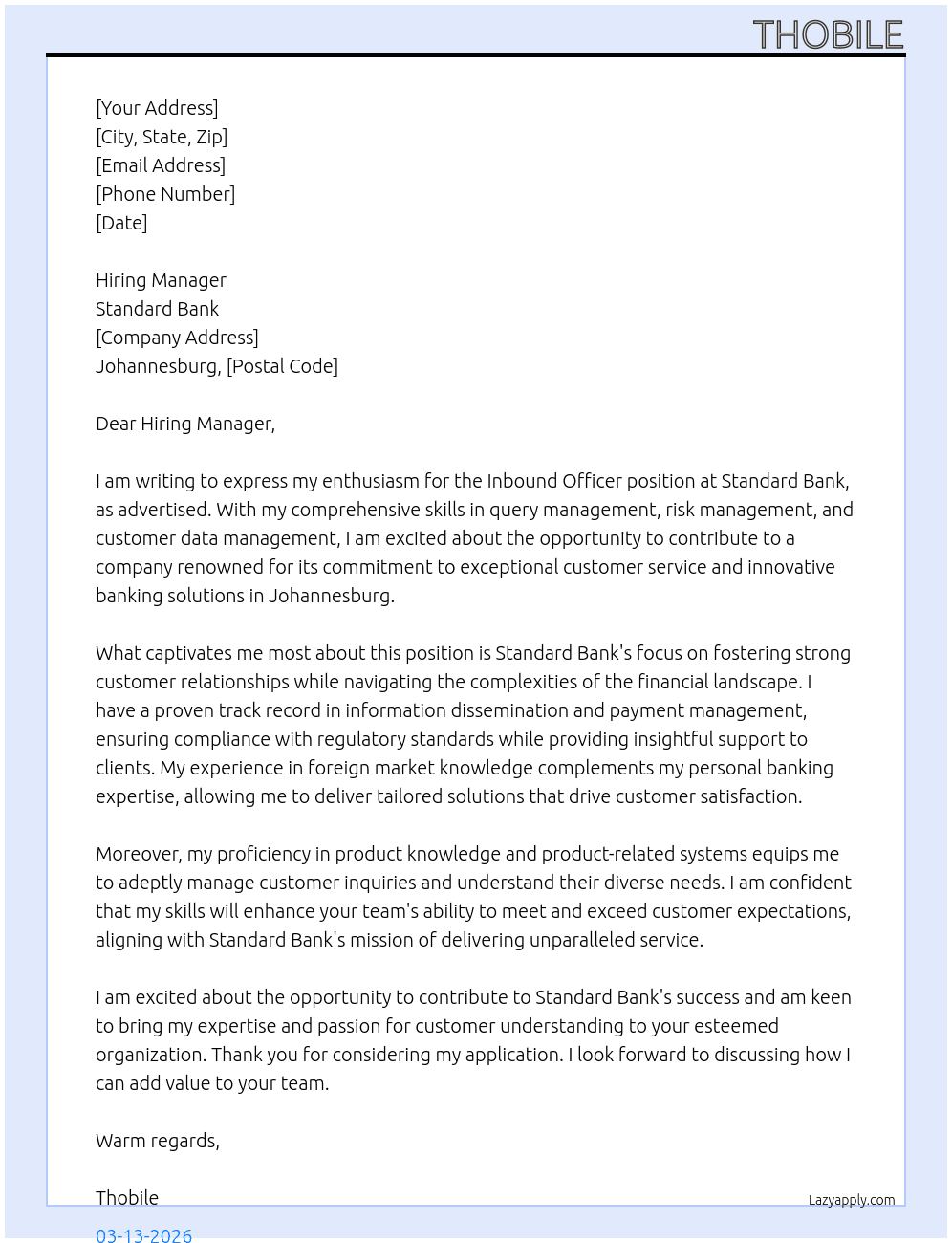 Invound officer At Standard Bank Cover Letter