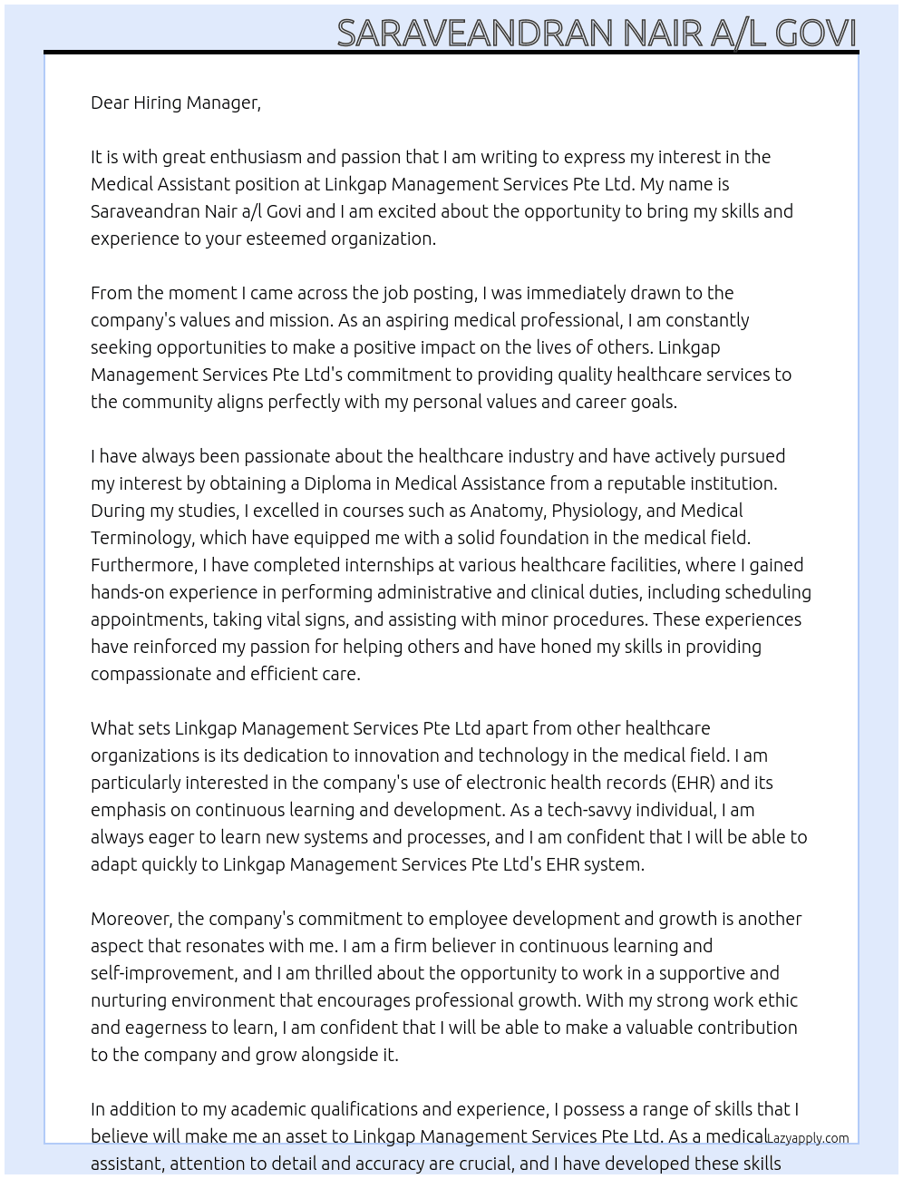 Medical Assistant  At Linkgap Management Services Pte Ltd Cover Letter