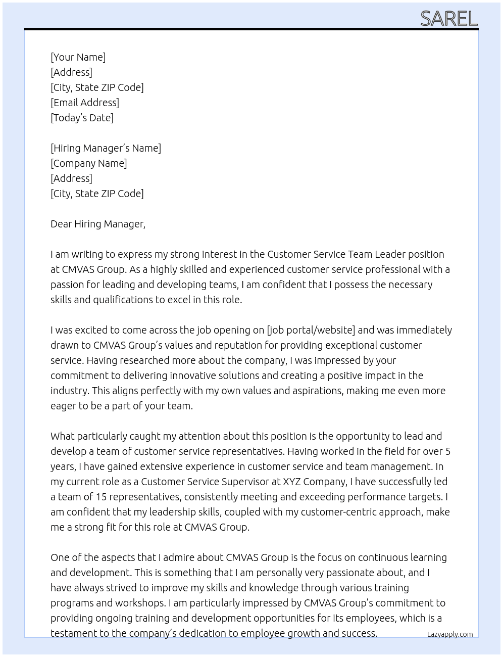 Customer Service Team Leader  At CMVAS Group Cover Letter