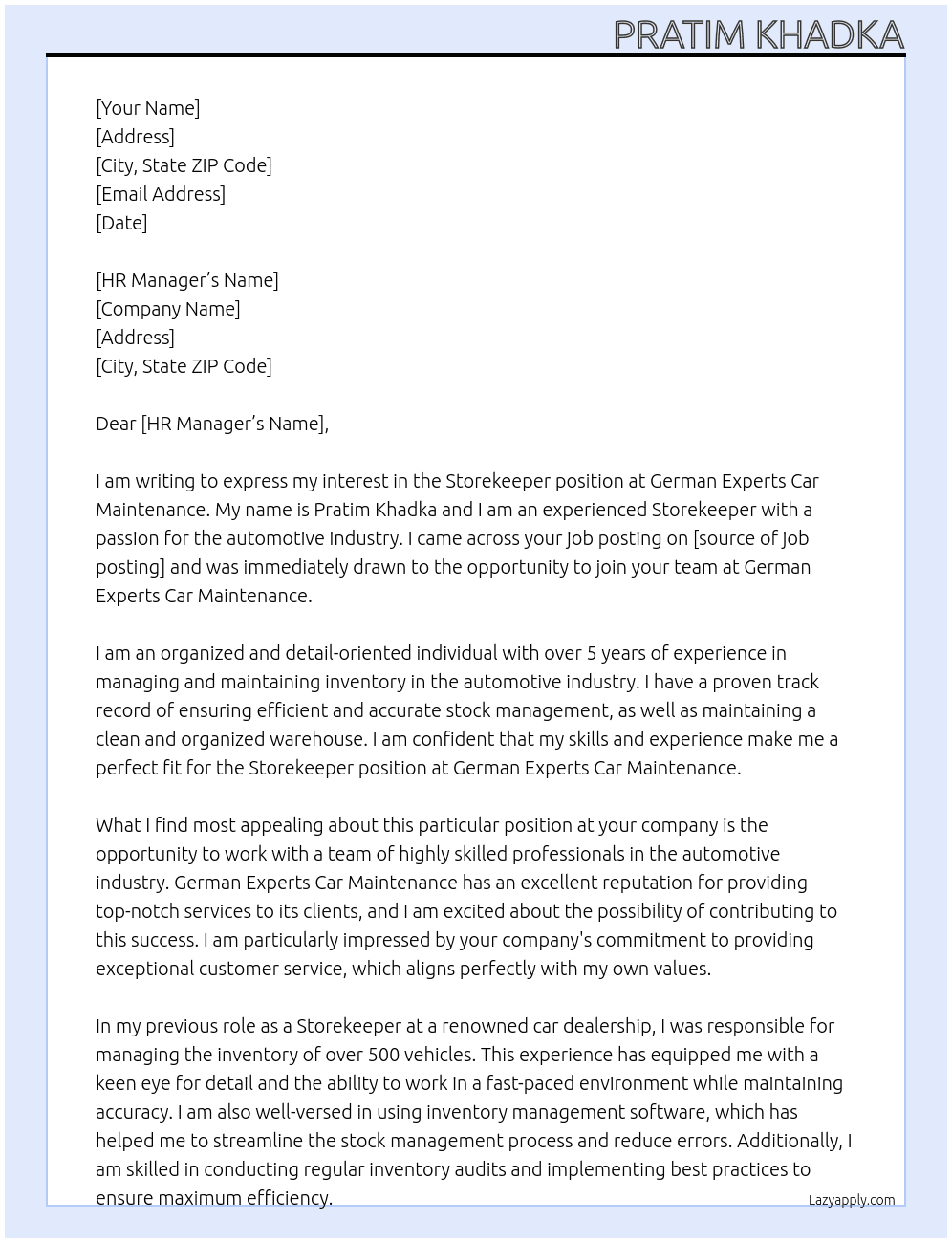 Storekeeper  At German Experts car maintenance  Cover Letter