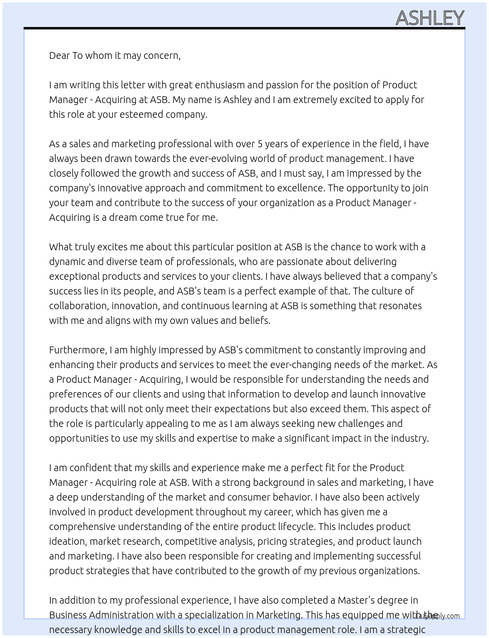 Product Manager - Acquiring At ASB Cover Letter