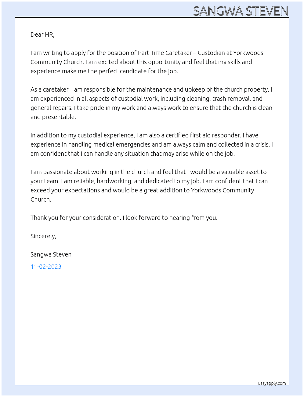 Part Time Caretaker – Custodian At Yorkwoods Community Church Cover Letter