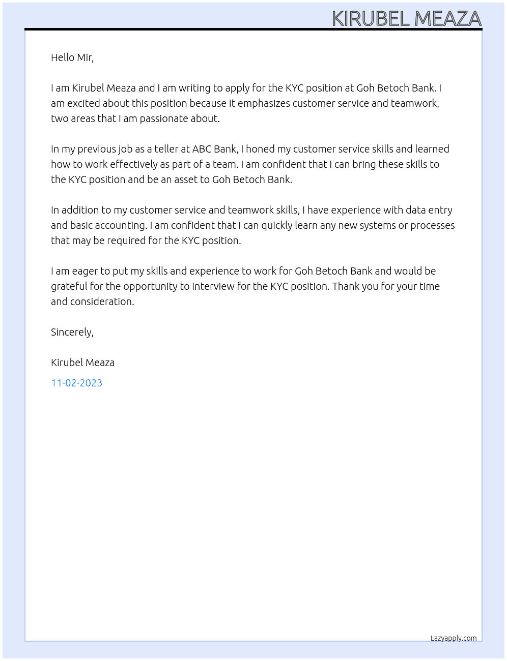 KYC At Goh Betoch Bank Cover Letter