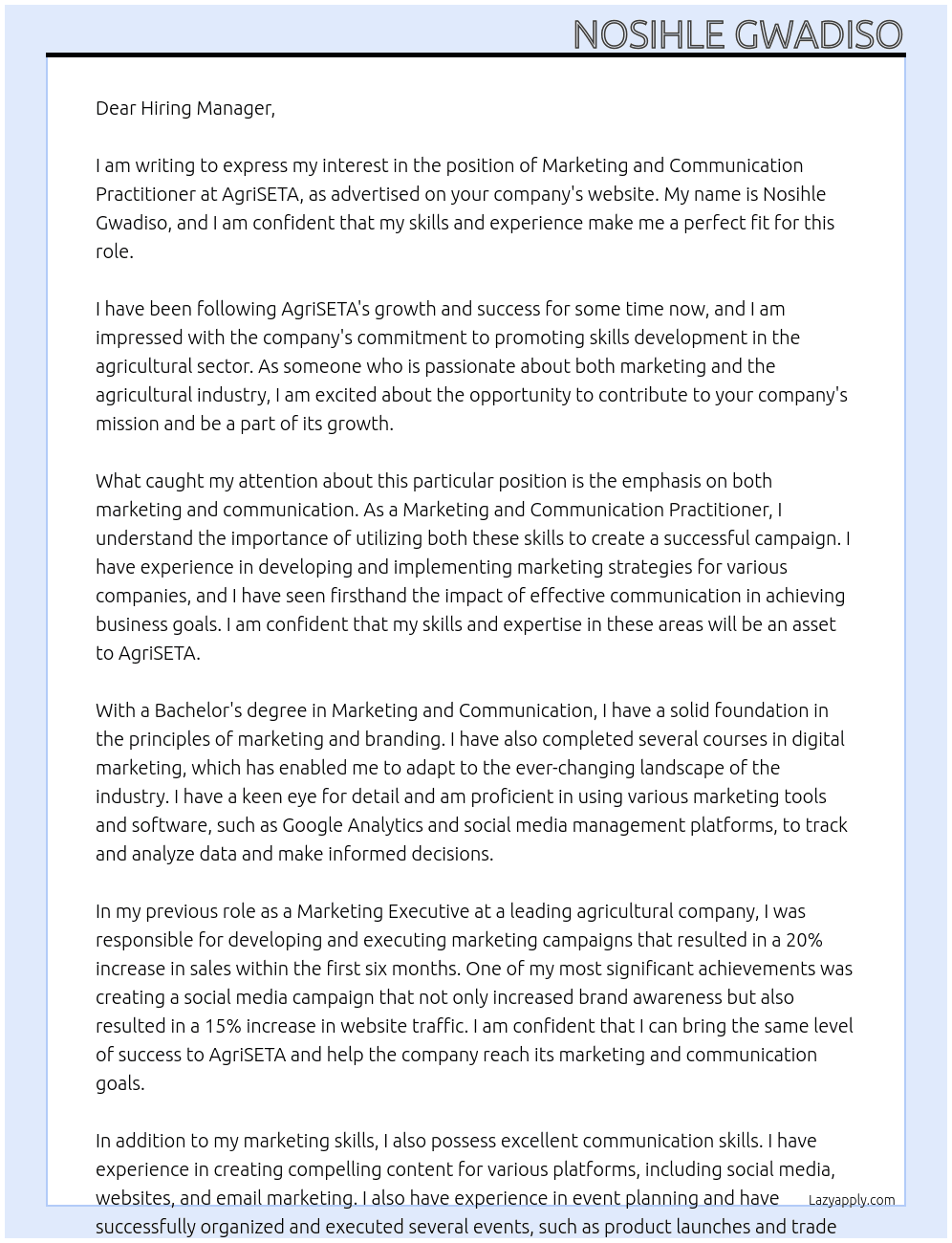 Cover letter for marketing and communication practitioner - LazyApply