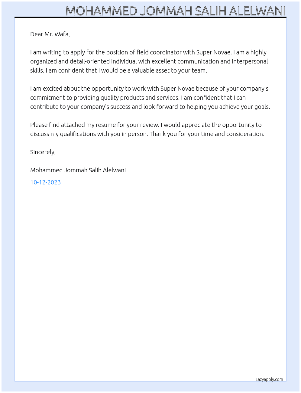 field coordinator  At SUPER NOVAE Cover Letter