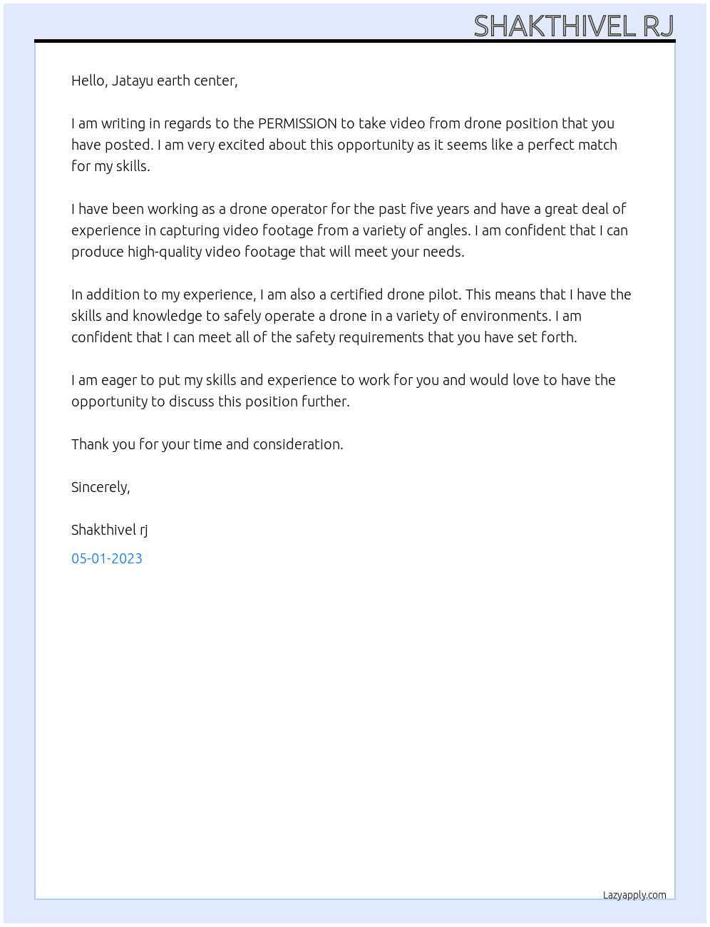 PERMISSION to take video from drone At jatayu earth center  Cover Letter