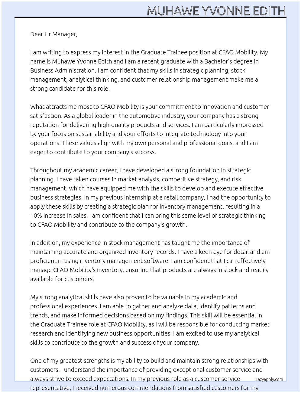 Graduate trainee At CFAO Mobility Cover Letter