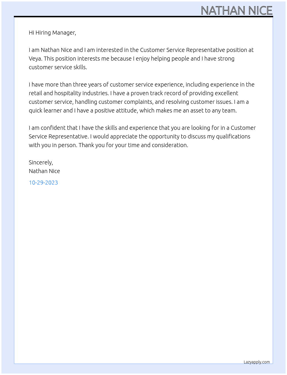Customer Service Representative  At Veya Cover Letter