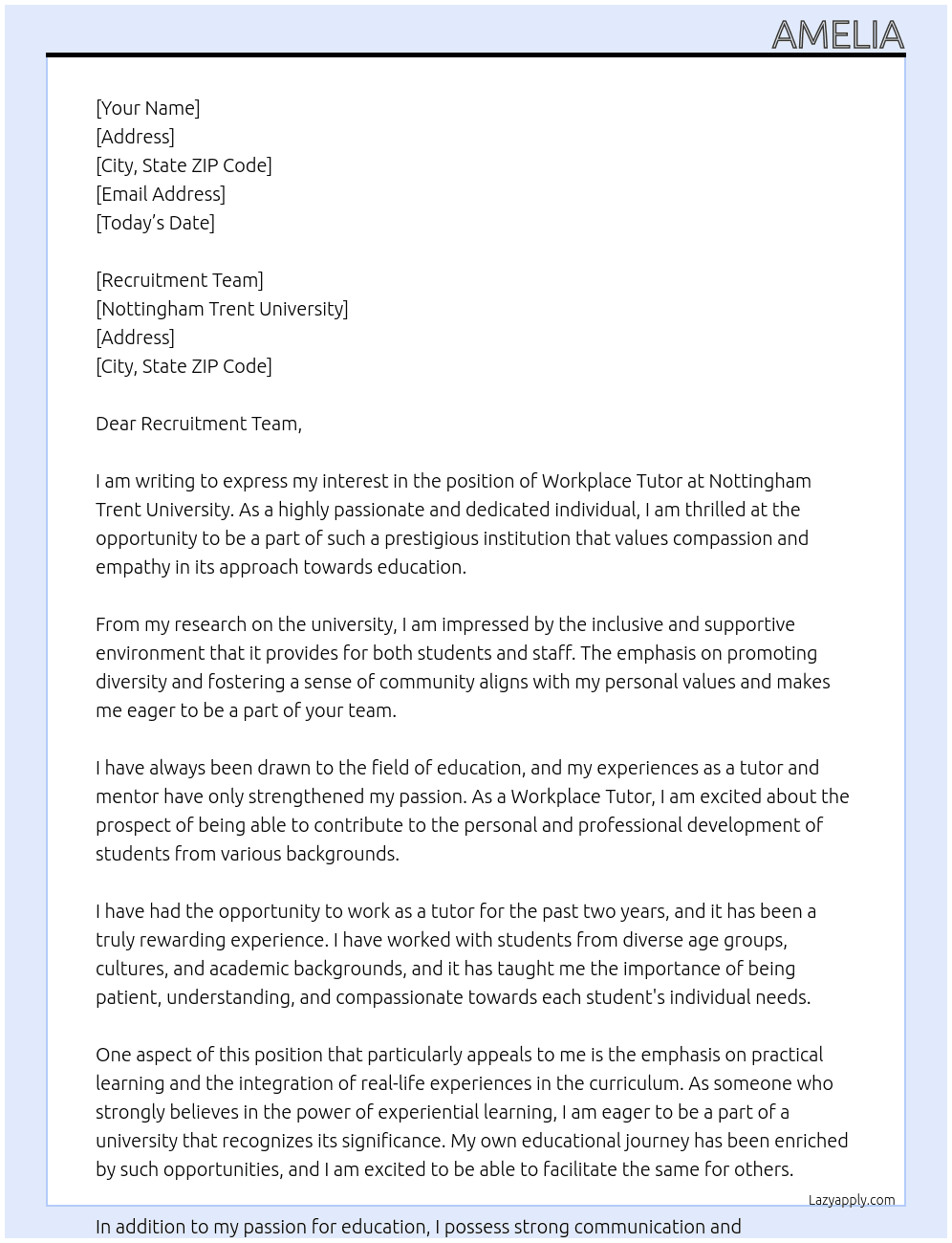 Cover letter for workplace tutor - LazyApply