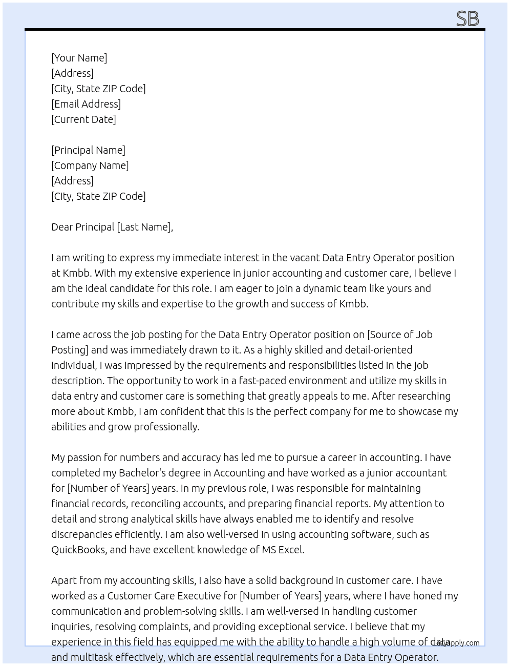 Data entry operator  At Kmbb Cover Letter
