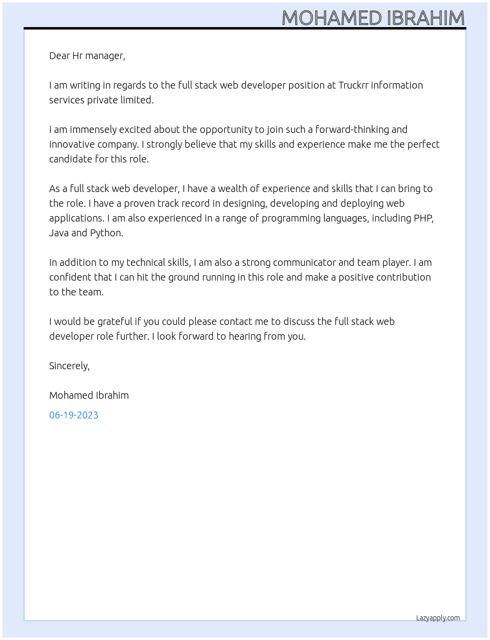 Full stack web developer At Truckrr information services private limited  Cover Letter
