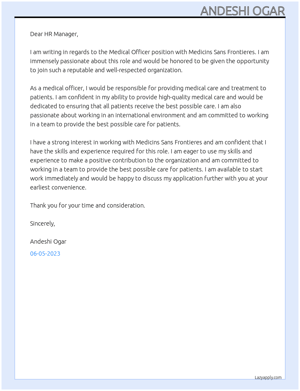 Medical officer At Medicins Sans Frontieres Cover Letter