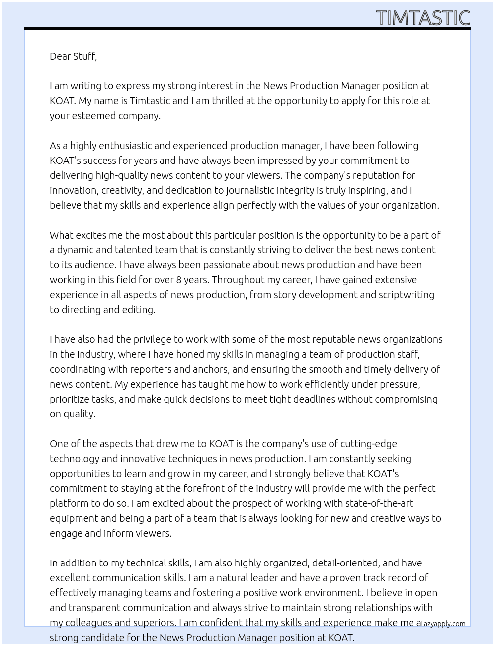 News Production Manager At KOAT Cover Letter