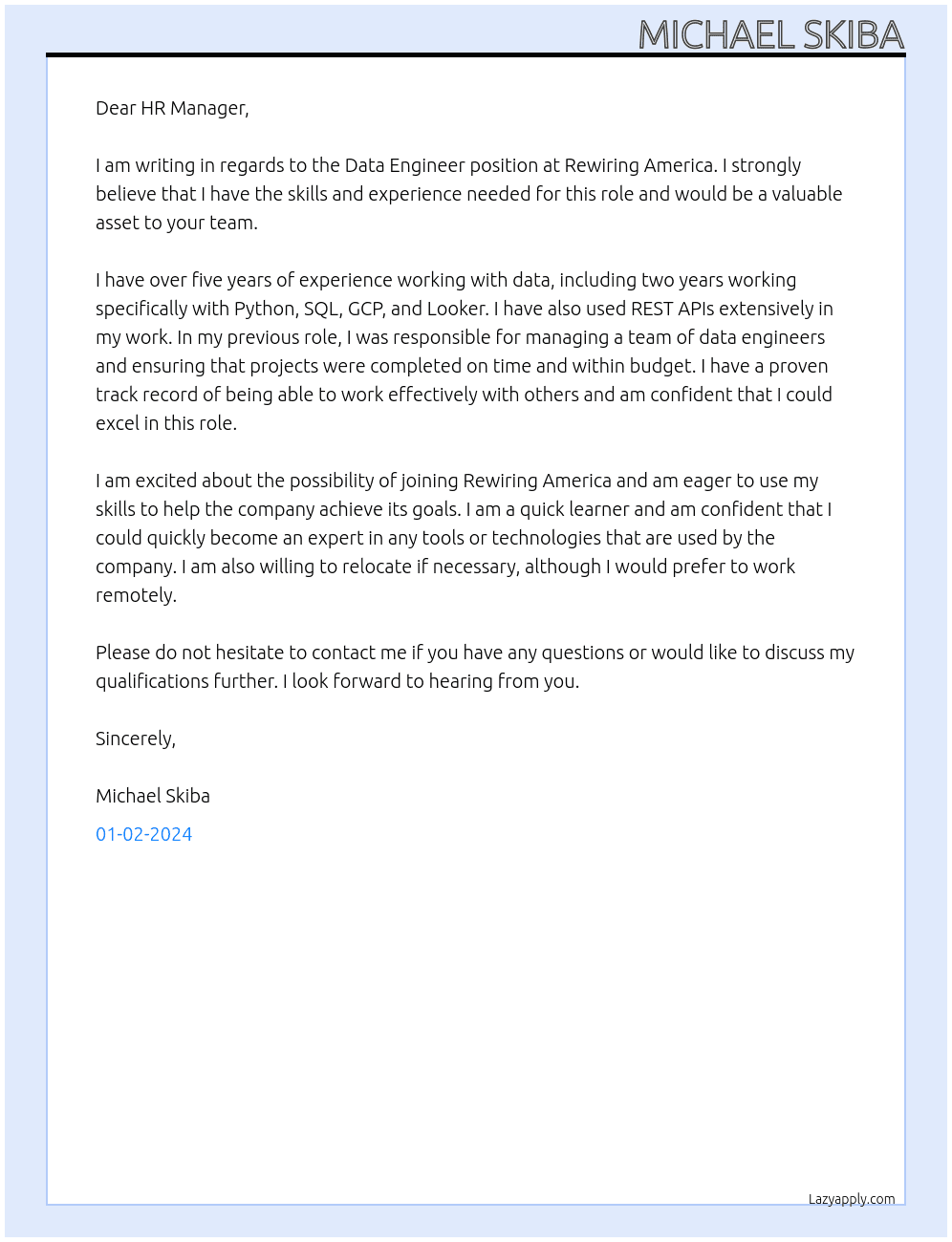Data Engineer At Rewiring America Cover Letter