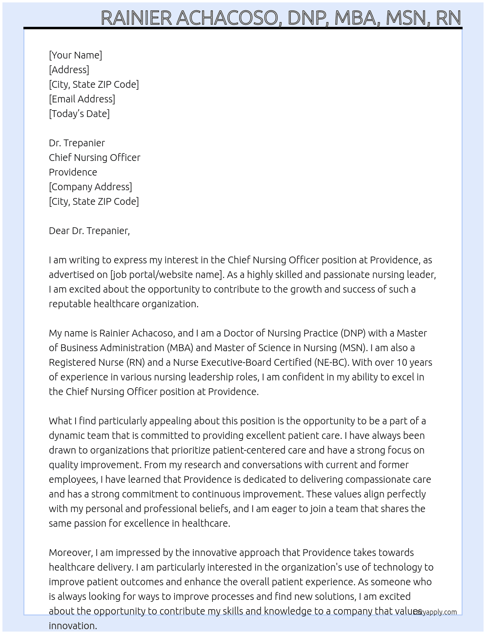 Chief Nursing Officer At Providence  Cover Letter