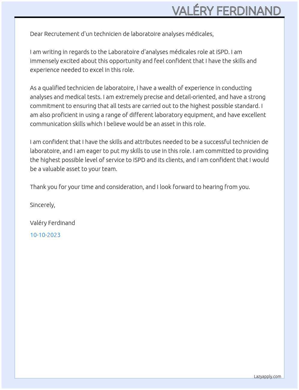 Laboratoire d'analyses médicales  At iSPD  Cover Letter