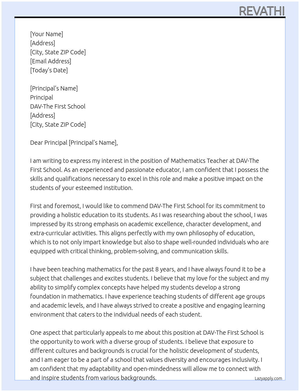 Mathematics Teacher  At DAV-The first school Cover Letter