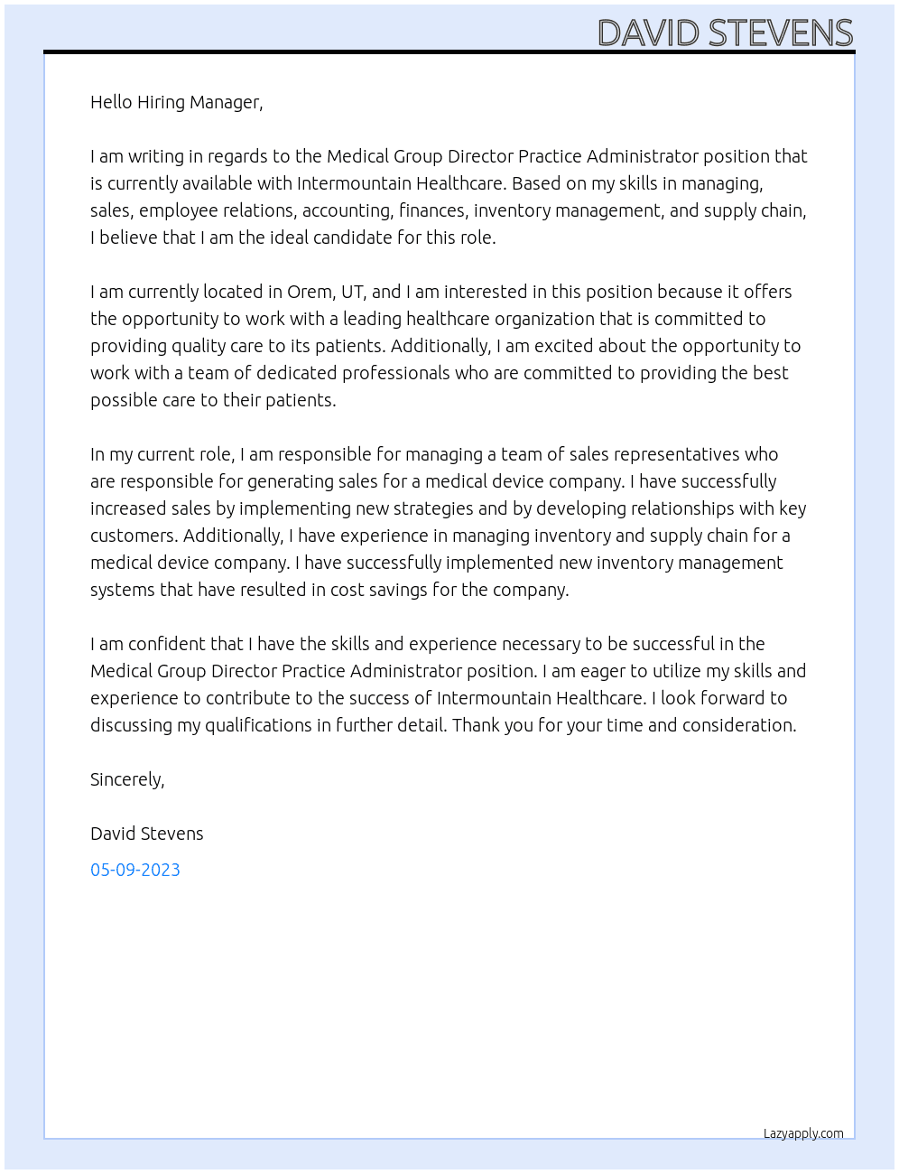 Medical Group Director Practice Administrator At Intermountain Health Cover Letter