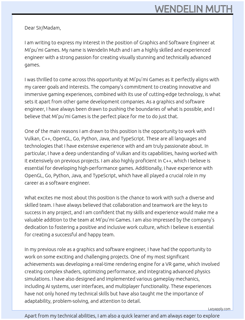 Graphics and Software Engineer At Mi’pu’mi Games  Cover Letter