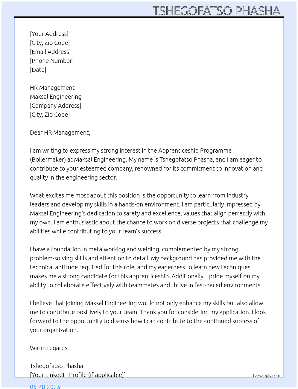 Apprenticeship Programme (Boilermaker)  At Maksal Engineering  Cover Letter