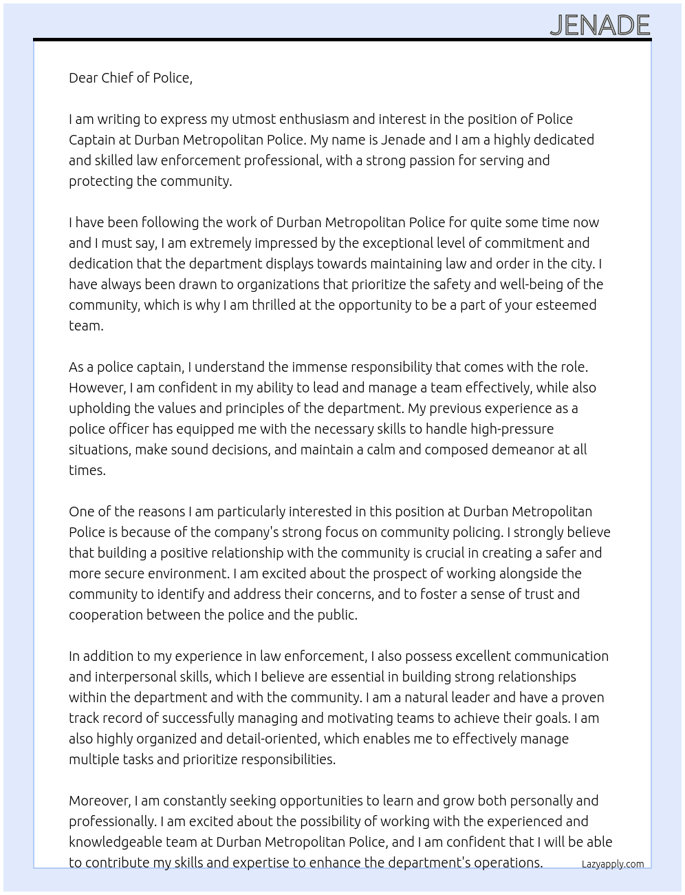 police captain At Durban Metropoltian police Cover Letter