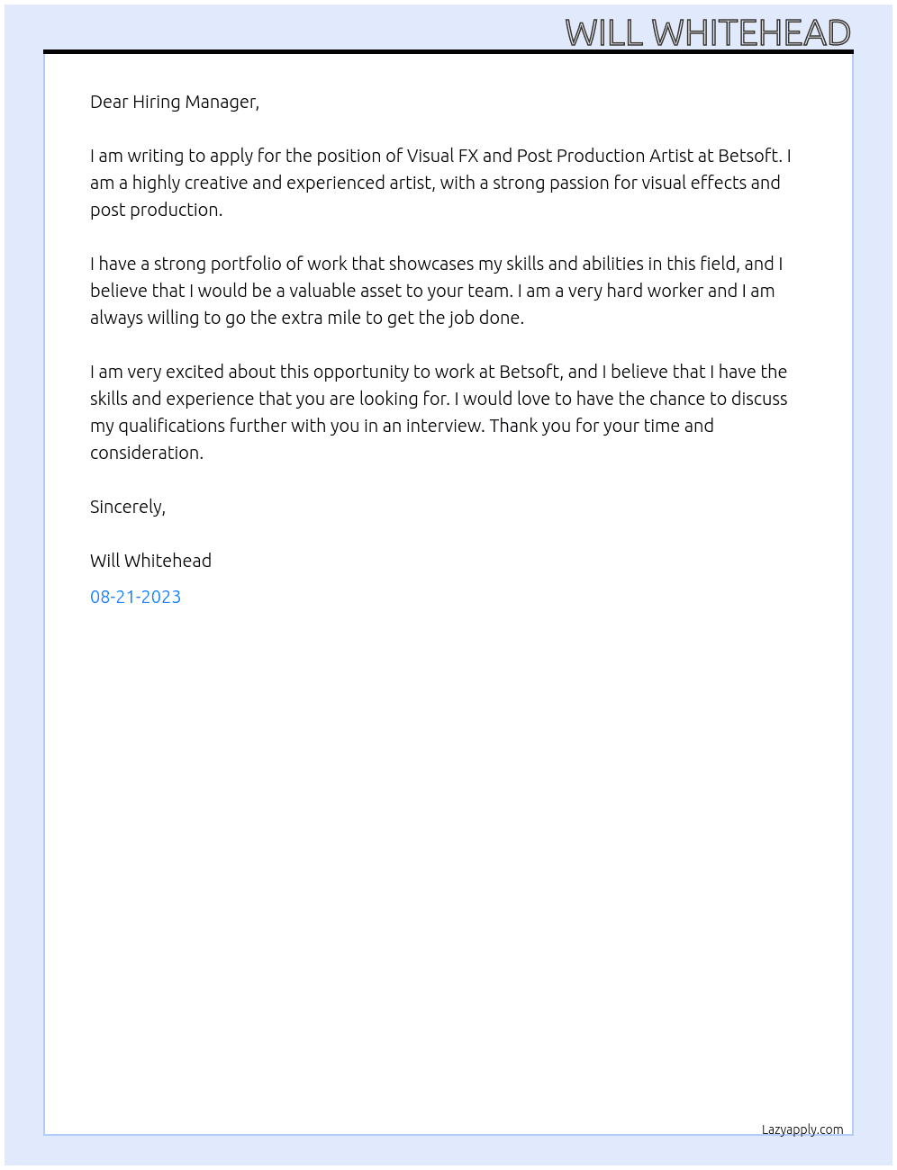 Visual FX and Post Production Artist At Betsoft Cover Letter