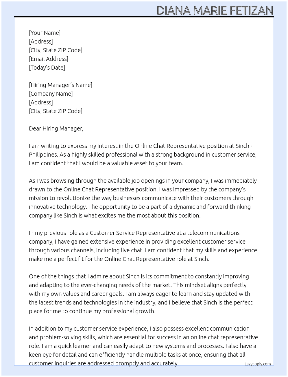 Online Chat Representativd At Sinch - Philippines Cover Letter