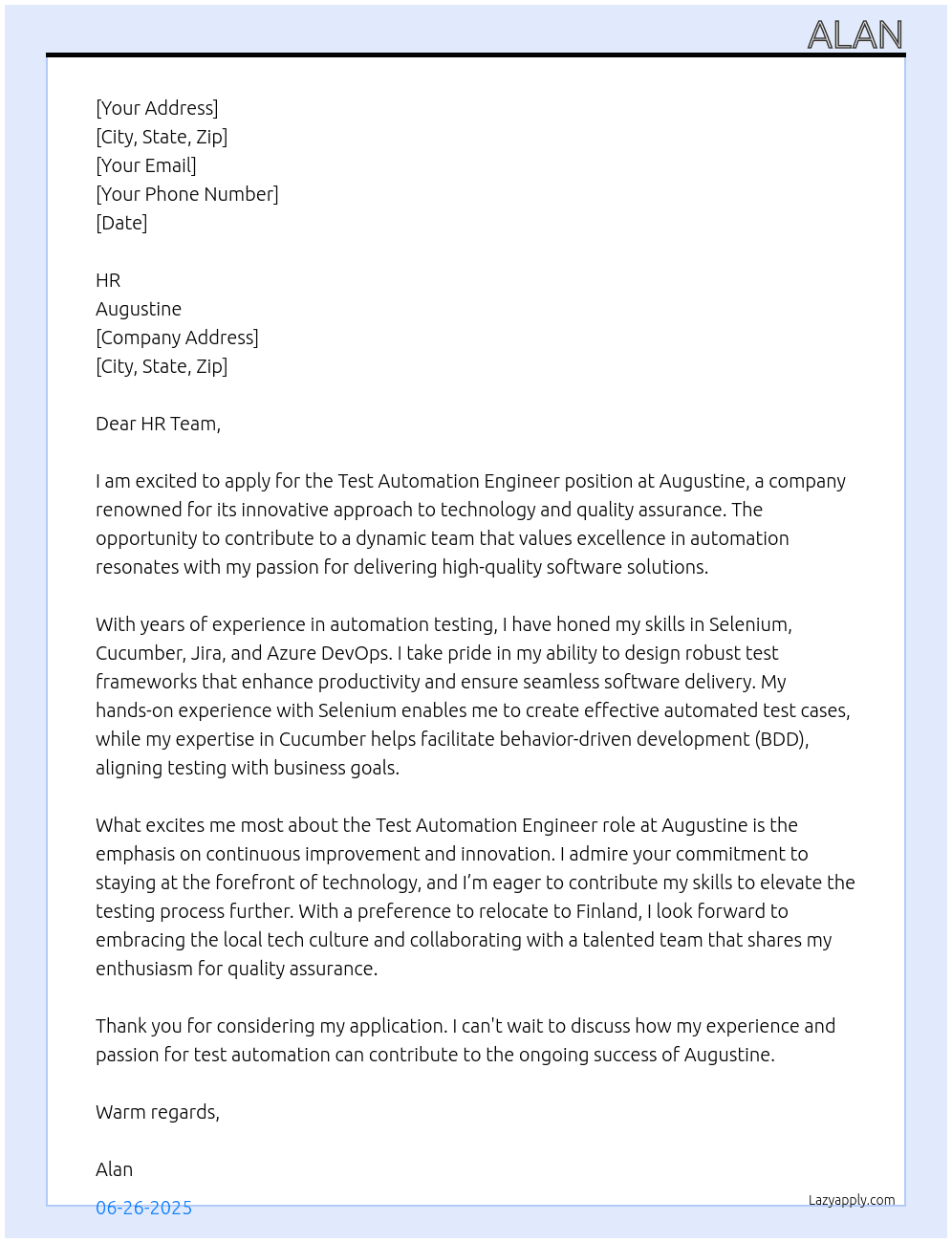 test automation engineer At Augustine Cover Letter