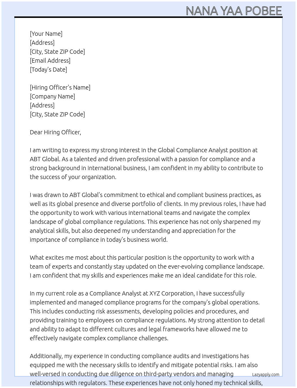 Global Compliance Analyst At ABT Global Cover Letter