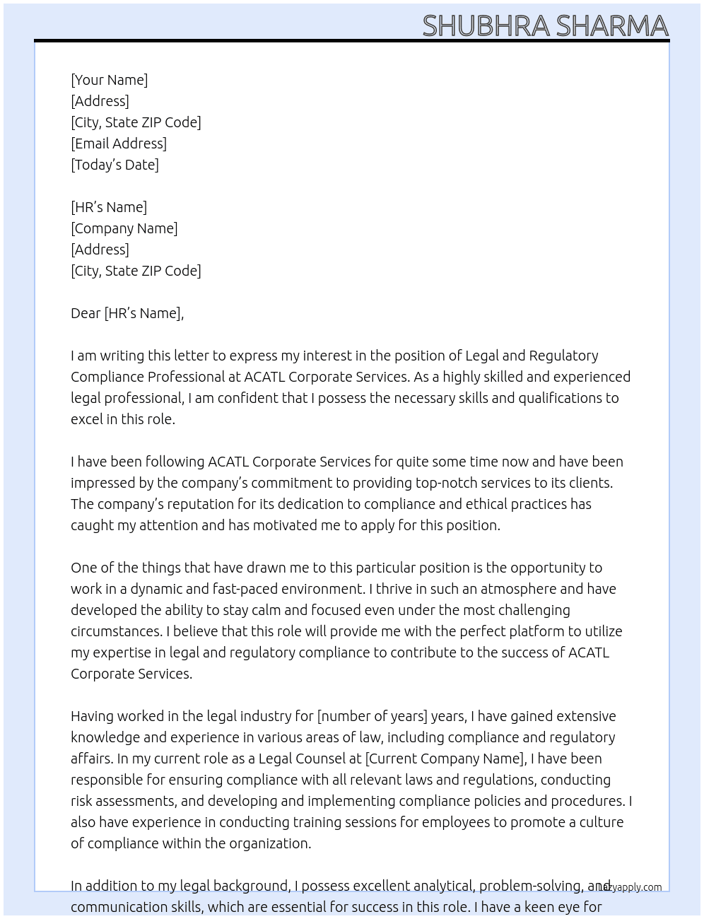 LEGAL AND REGULATORY COMPLIANCE PROFESSIONAL At ACATL CORPORATE SERVICES Cover Letter