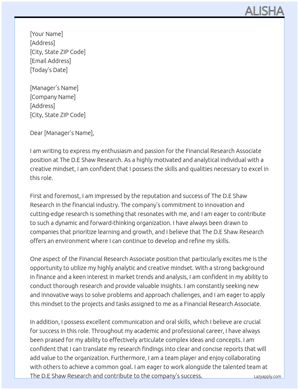 Financial Research Associate At The D.E Shaw Research Cover Letter