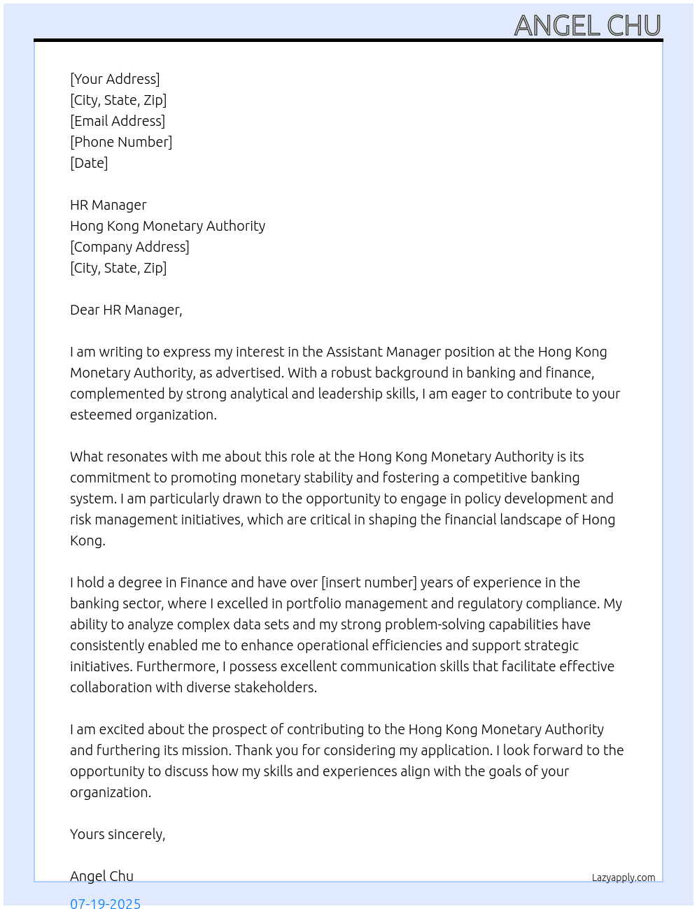 Assistant Manager (Banking) At Hong Kong Monetary Authority Cover Letter