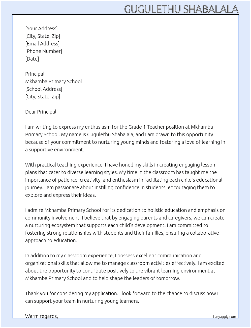 Cover letter for grade 1 teacher - LazyApply
