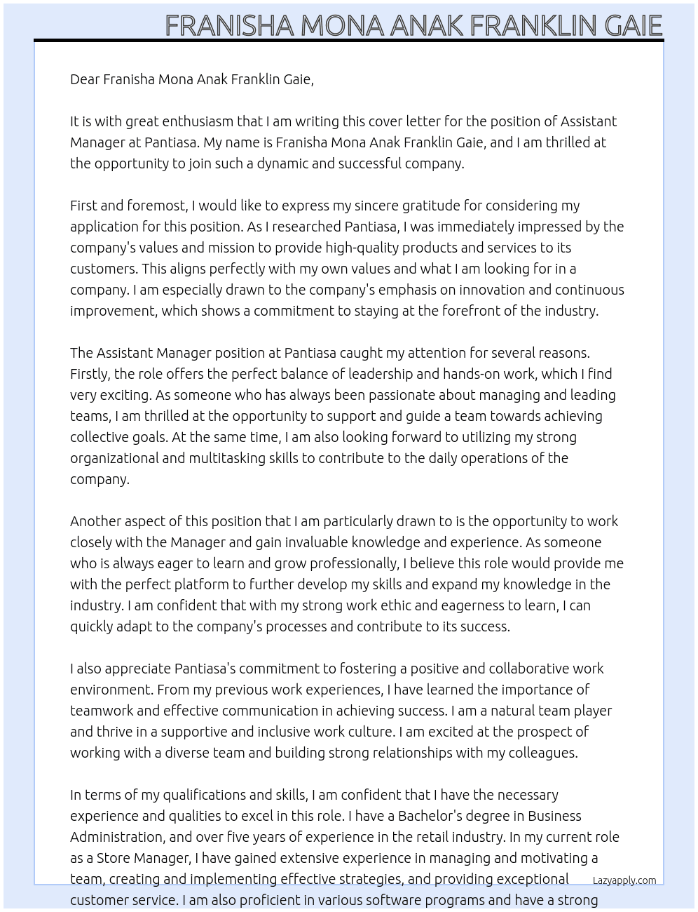 Assistant Manager At Pantiasa Cover Letter