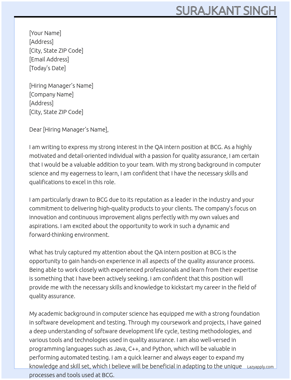 QA intern At BCG Cover Letter