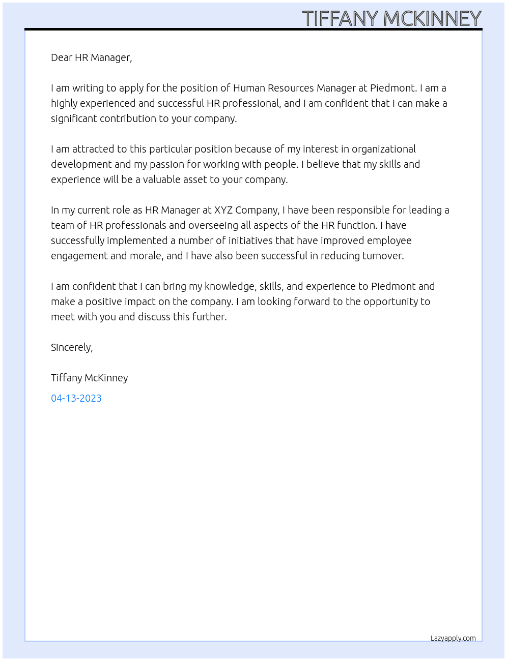 Human Resources Manager At piedmont Cover Letter