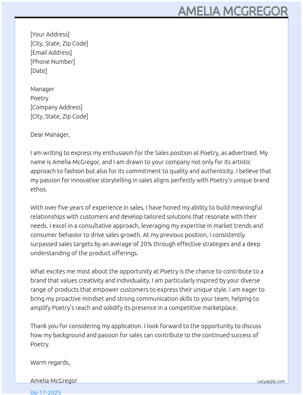 Sales  At Poetry Cover Letter