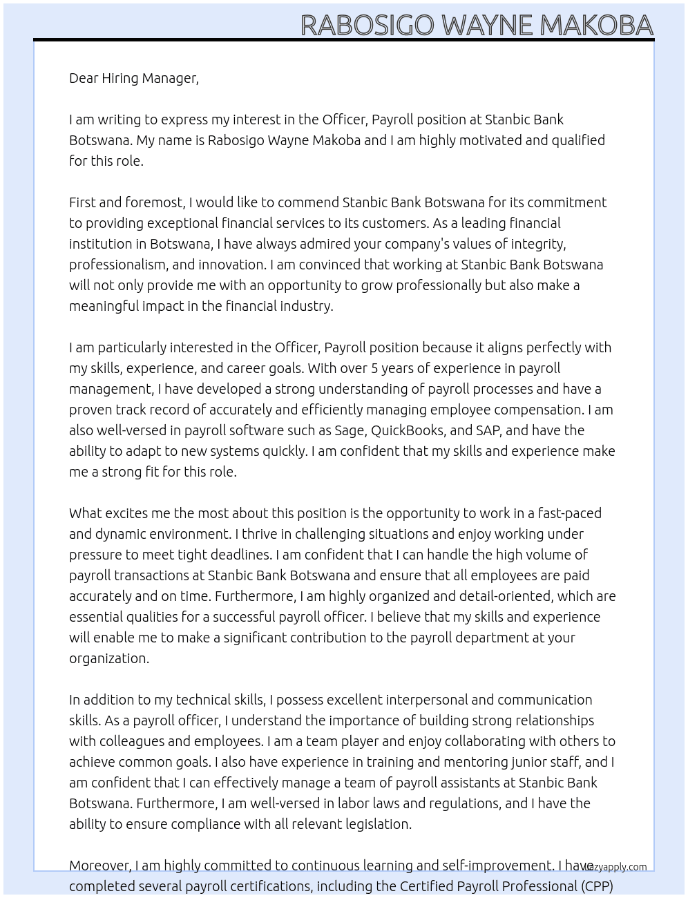 Officer, Payroll At Stanbic Bank Botswana Cover Letter